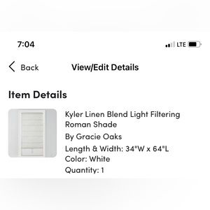 White kyler linen light filtering roman shade 34” wide x 64 “ length